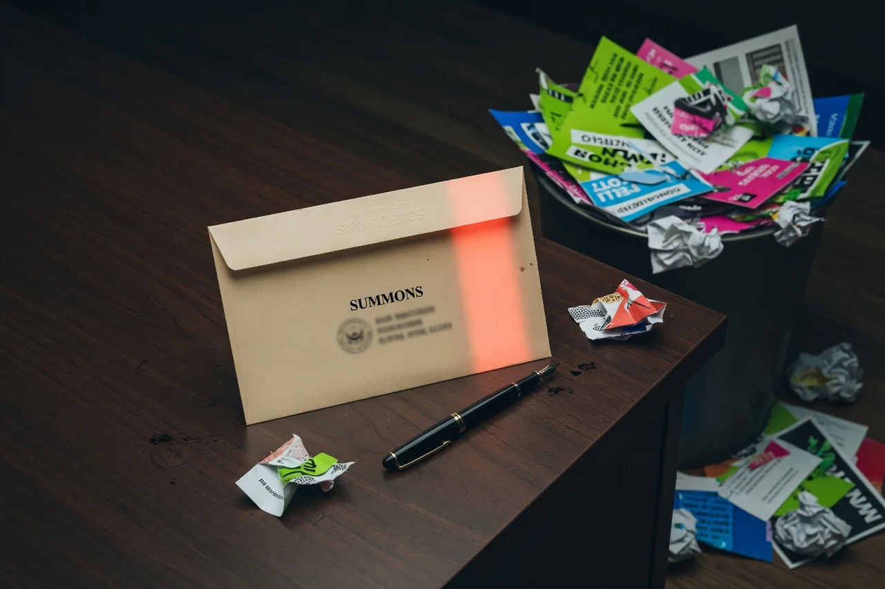 Court summons on desk beside discarded debt relief junk mail